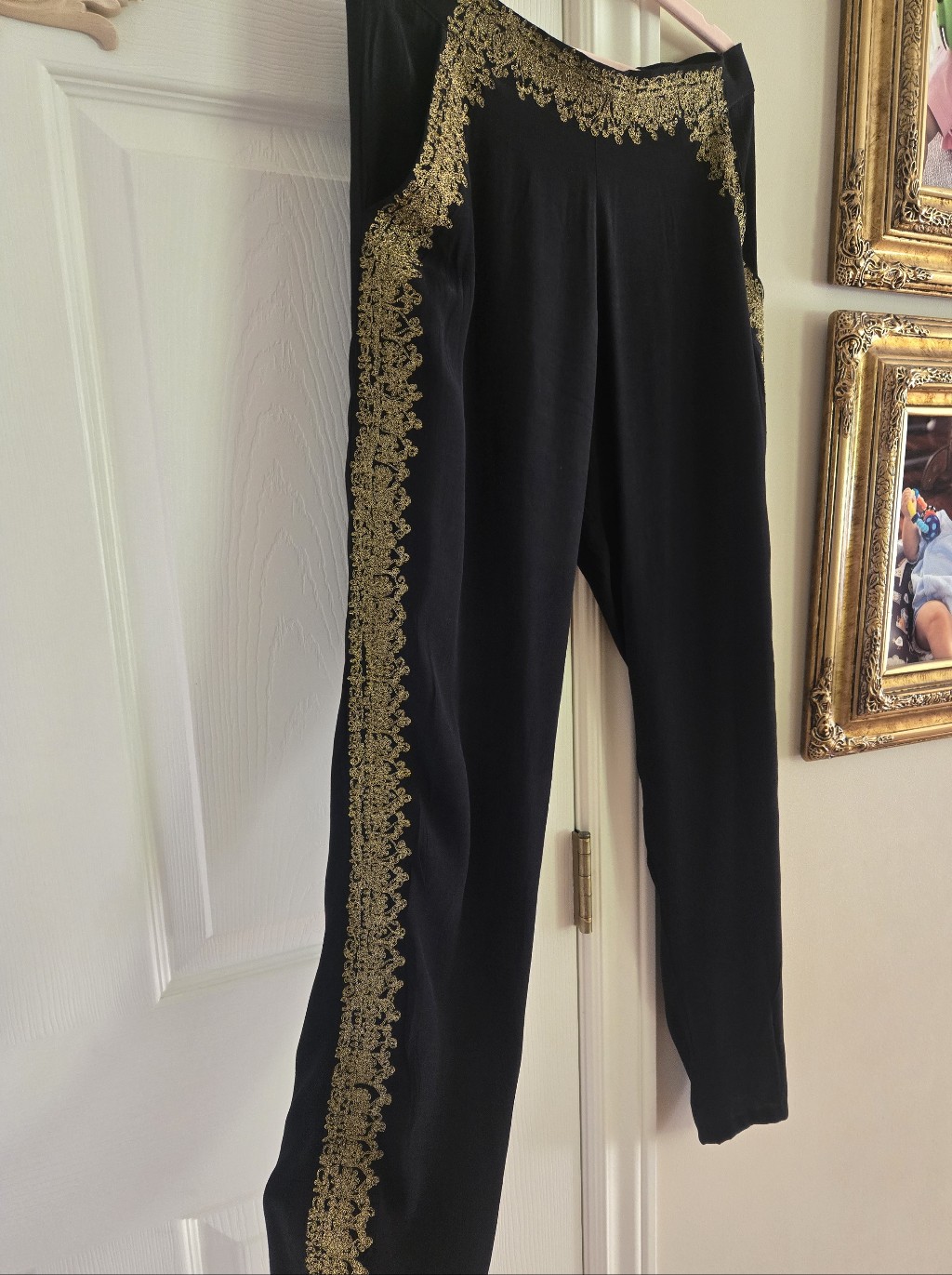 Women's Black Skinny Pants With Gold Lace Trim — image 5 of 8